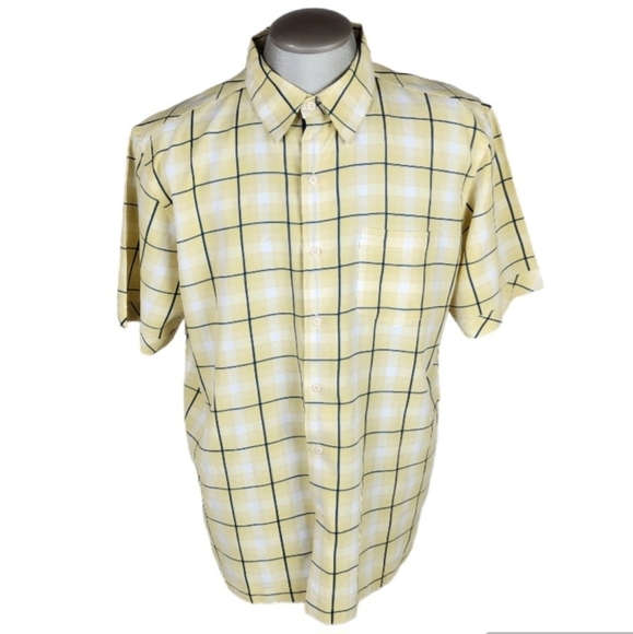Quicksilver Plaid Button Front Shirt Short Sleeve Yellow Navy White Size XL - Picture 1 of 16